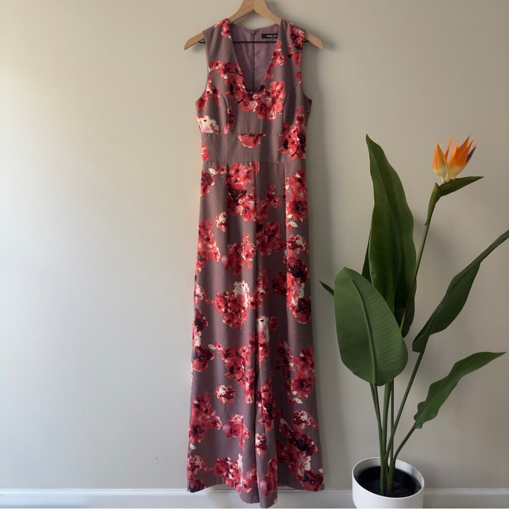 Sugar + Lips Floral V-Neck Jumpsuit Zip Up Back Sleeveless Full Wide Leg Zipper